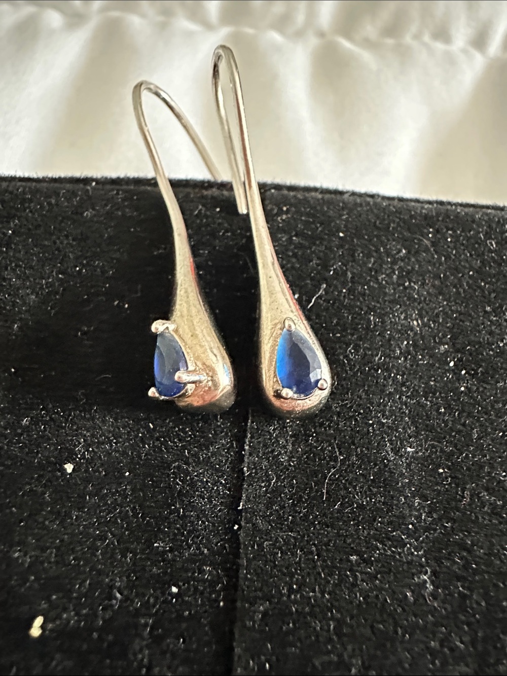 Silver Teardrop Earrings with Deep Blue Gemstones